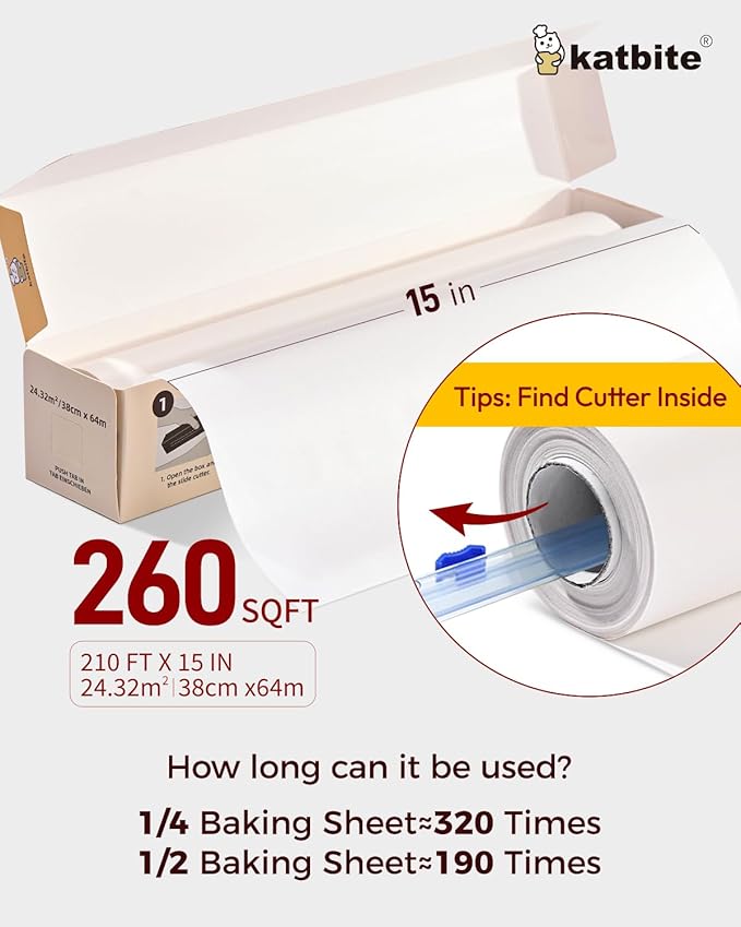 Katbite Parchment Paper Roll for Baking, 2 Pack of 15 in x 210 ft, Heavy Duty Cooking Paper for Baking Bread, Cookies, Non-stick for Oven, Air Fryer, Steamer, Heat Press with 2Pcs of Slide Cutter