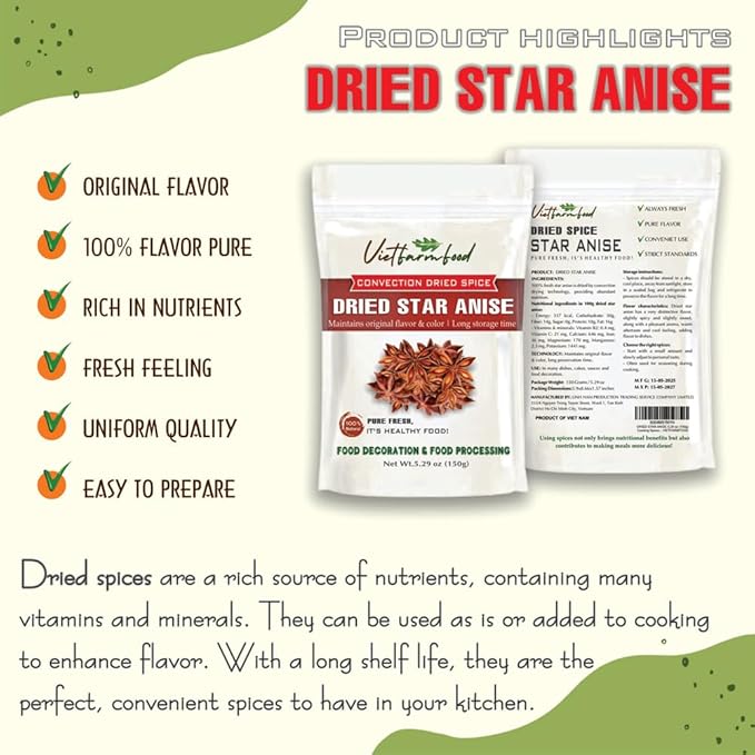 DRIED STAR ANISE 5.29 Oz (150g) VIETFARMFOOD: Natural pure, convection dried seasoning made from real vegetables - perfect for adding flavor to any meal, from cooking, baking, salads, soups, sauces