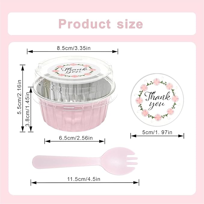 100 PCS Aluminium Foil Baking Cups, Mini Cake Pans with Lids and 100 PCS Spoons, 5 oz Disposable Baking Cups Foil Ramekins For Party Birthday Wedding Valentines (Pink)