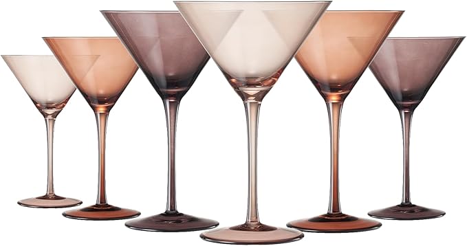Venus Glasses Luxury Glassware - Set of 6 - Everyday, Holiday Gift Her, Mom, Wife, Girlfriend, Special Celebrations Drinkware, Christmas, Textured Glass, Brown Style Amber Colored - Martini Coupe 8oz