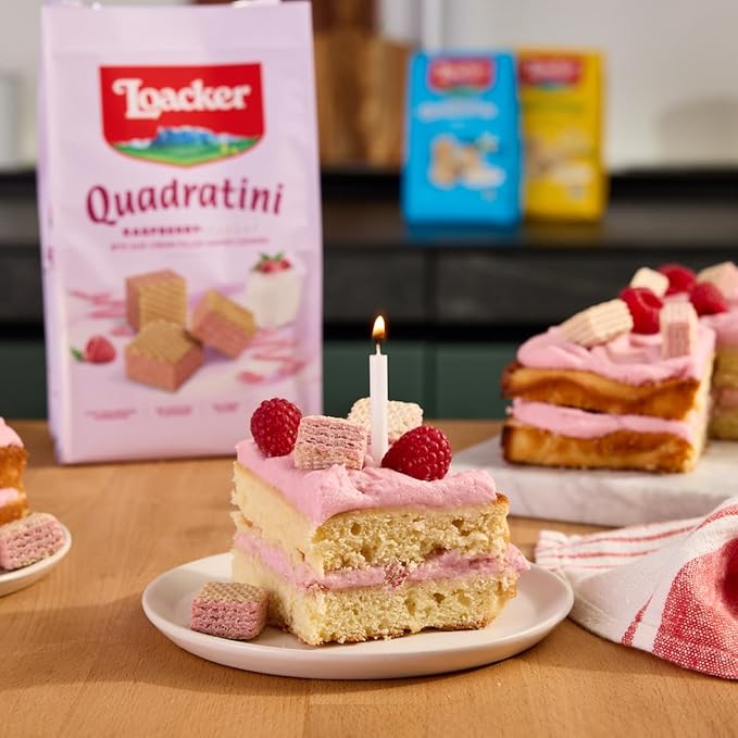 Loacker Quadratini Raspberry Yogurt Wafer Cookies LARGE - 30% Less Sugar - Premium Crispy Bite Size Wafers - LARGE Pack of 6