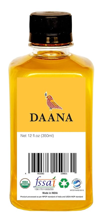 Daana Sunflower Oil: Certified USDA Organic, Extra Virgin, Cold Pressed, High Oleic, Non-GMO. Healthy Oil for Cooking, Baking, Frying, Hair and Skin Care. Pesticide and Chemical Free (12 oz)