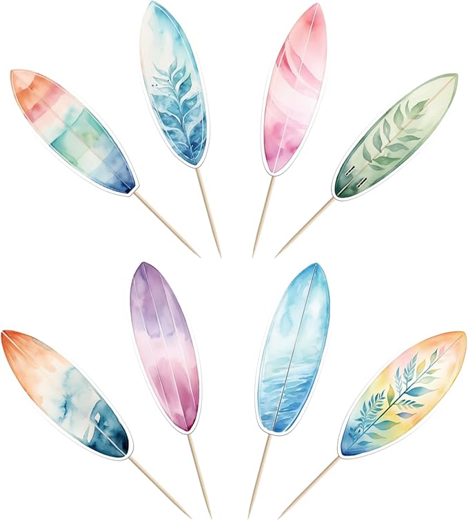 40 Pack Surfboard Cupcake Toppers Double Sided Surfboard Palm Tree Coconuts Cupcake Picks Holiday Beach Surf Cake Decorations for Summer Beach Theme Baby Shower Birthday Party Supplies