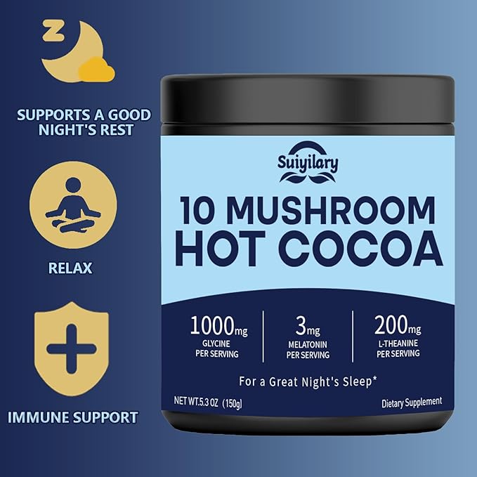 10 Mushroom Hot Cocoa, 3mg Melatonin Sleep Supplement, Sugar Free Keto Cocoa Powder, Nighttime Drink, 1000mg Glycine, 200mg L-Theanine, Help Fall Asleep and Stay Asleep, 15 Servings
