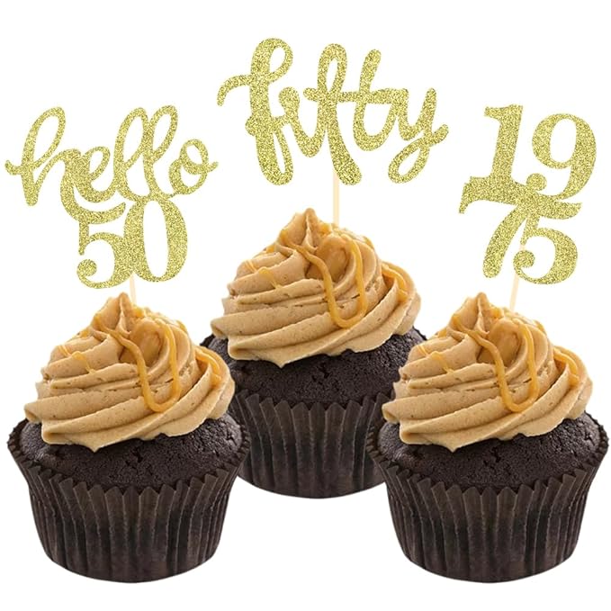 24 Pcs Gold Glitter 50th Birthday Cupcake Toppers for 50th Birthday Celebrating Party Decorations