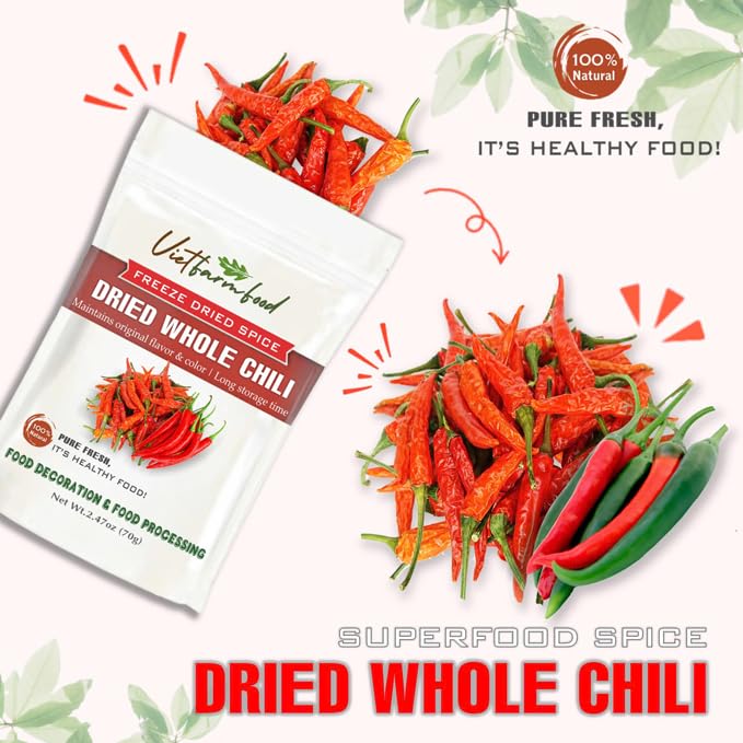 DRIED WHOLE CHILI 2.47 Oz (70g) VIETFARMFOOD: Pure, natural freeze-dried spice made from real vegetables and fruits - perfect for enhancing every meal, from cooking, baking, salads, soups, sauces