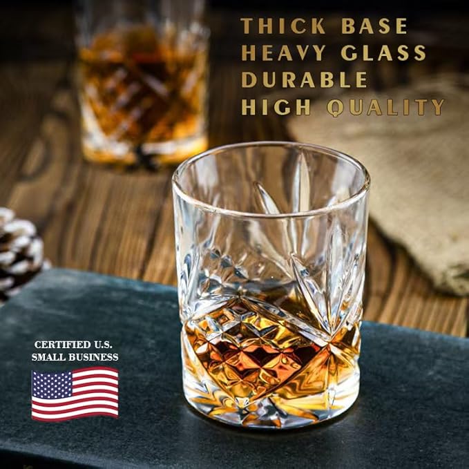 OLD BARREL Whiskey Glasses Set of 8 (4 Glasses with 4 Ice Ball Molds) 10oz Old Fashioned Crystal Glasses Gift Box ??Bourbon, Scotch, Cocktail Rocks Glas ??Gifts for Men, Dad, Birthday, Father?™s Day