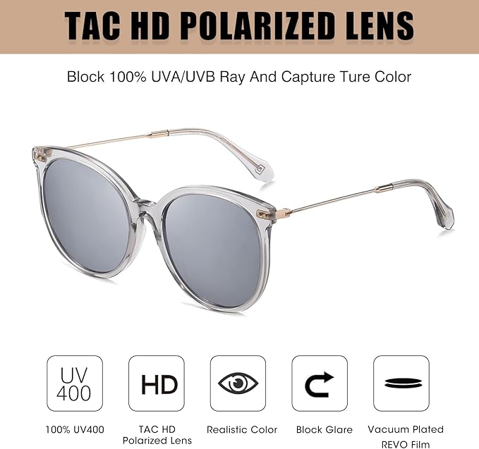 DUCO Oversized Polarized Sunglasses Womens Trendy Mirrored Shades Retro Round Vintage Light Weight UV400 Sun Glasses W016