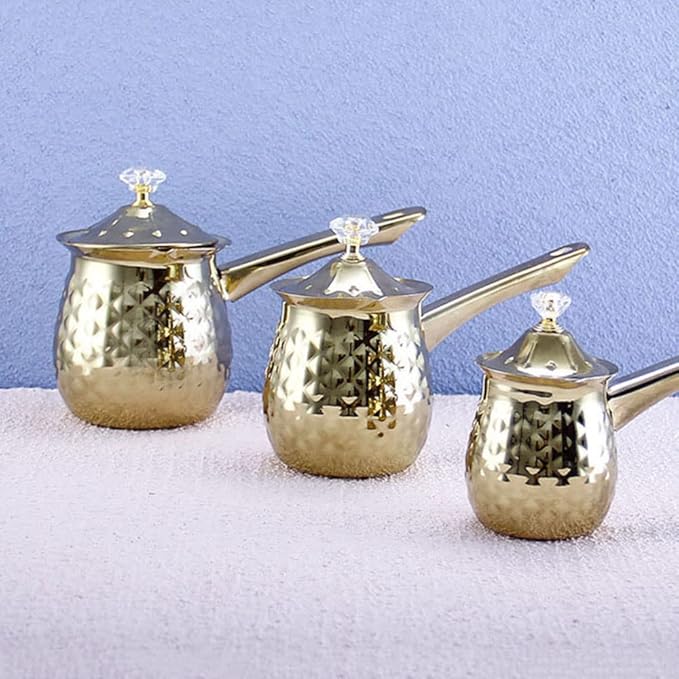 Stainless Steel Turkish Coffee Pot, Moka Pot, Espresso Maker for Stove Top, Camping Coffee Pot, Greek Arabic Coffee Warmer with Lid & Handle, Gold, 600 Ml / 20 Oz