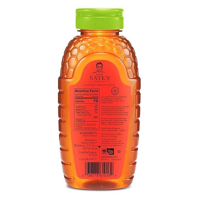 Nate's Organic 100% Pure, Raw & Unfiltered Honey - USDA Certified Organic - 16oz. Squeeze Bottle