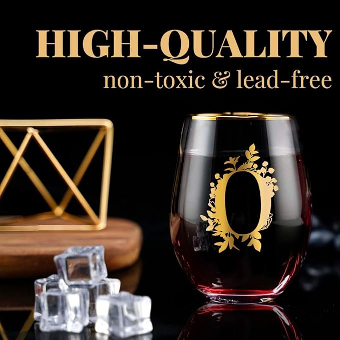 Onebttl Unique Stemless Wine Glasses, Initial Wine Cup for Red or White Wine - 18oz, Monogrammed, Gold - for Women, Girls, Female, Her, Friends, Coworkers, Clients - for Birthday, Christmas