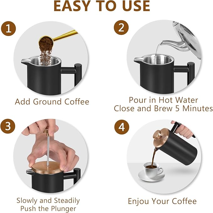 Black Stainless Steel French Press Coffee Maker, Double Wall Insulated French Press,for Coffee&Tea,with 3 Extra Screens and a Coffee Spoon,50oz/1500ml,Gold