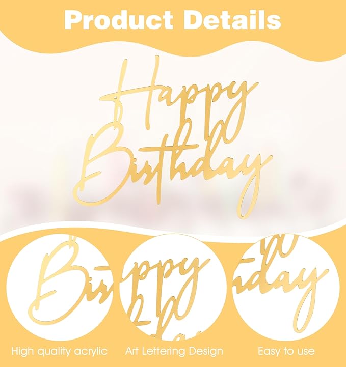 12PCS Gold Happy Birthday Cake Topper, Side Mirror Acrylic Happy Birthday Cake Topper with Gold and Silver Accents for Cupcake and Party Supplies