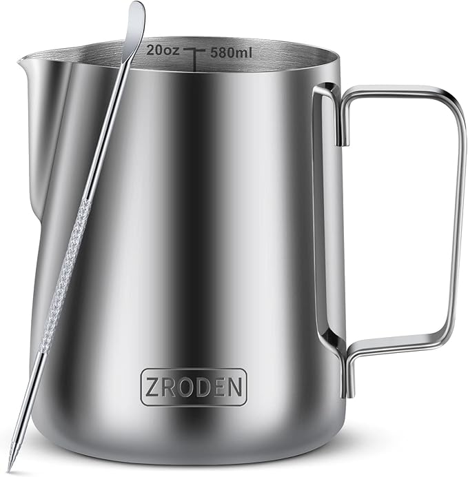 Milk Frothing Pitcher, 20oz Espresso Steaming Pitchers Stainless Steel Cappuccino Coffee Machine Accessories Barista Tools Steamer Froth Pitchers Milk Jug Cup with Decorating Pen Latte Art