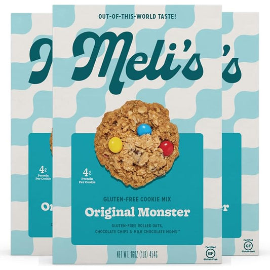 Meli?셲 Original Monster Gluten Free Cookie Mix, High Protein Baking Mix with Natural Chocolate, M&M's Milk Chocolate Chips & Rolled Oats, Easy Bake Oven Mixes for Sweet Treats, 16oz Box,3-Pack