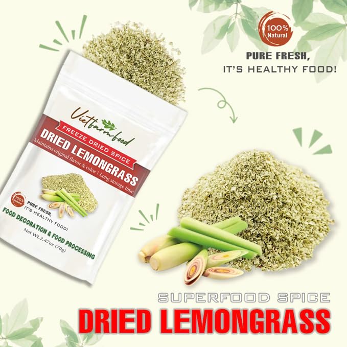 DRIED LEMONGRASS 2.47 Oz (70g) VIETFARMFOOD: Pure, natural freeze-dried spice made from real vegetables and fruits - perfect for enhancing every meal, from cooking, baking, salads, soups, sauces