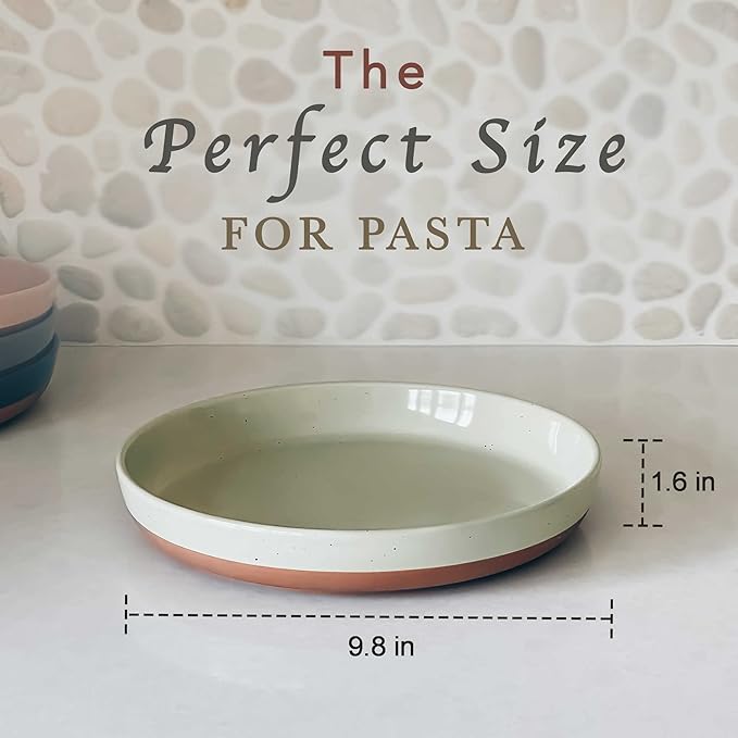 Mora Ceramic Flat Pasta Bowl Set of 4-35oz, Microwave Safe Plate with High Edge for Kitchen and Eating, Large Wide Bowls/Plates for Serving Dinner, Salad, etc- Neutrals