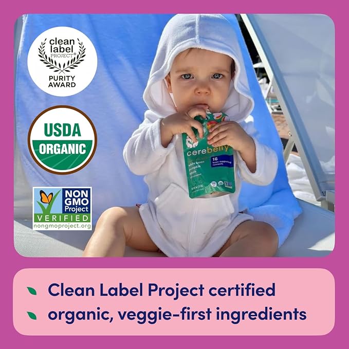 Cerebelly Organic Baby Food Pouches ??Dairy Free Smoothies for Toddlers | No Added Sugar, Fiber, Non-GMO | Toddler Smoothie Pouches | 4oz BPA-Free Baby Food | Sweet Potato Banana Blueberry | 12 Count