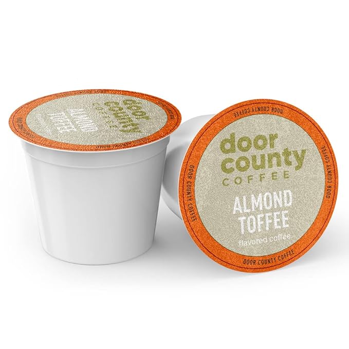 Door County Coffee Almond Toffee Flavored Ground | 10 Count Single Serve Cups | Medium Roast | 100% Specialty Arabica | Gourmet | Roasted Almonds & Toffee