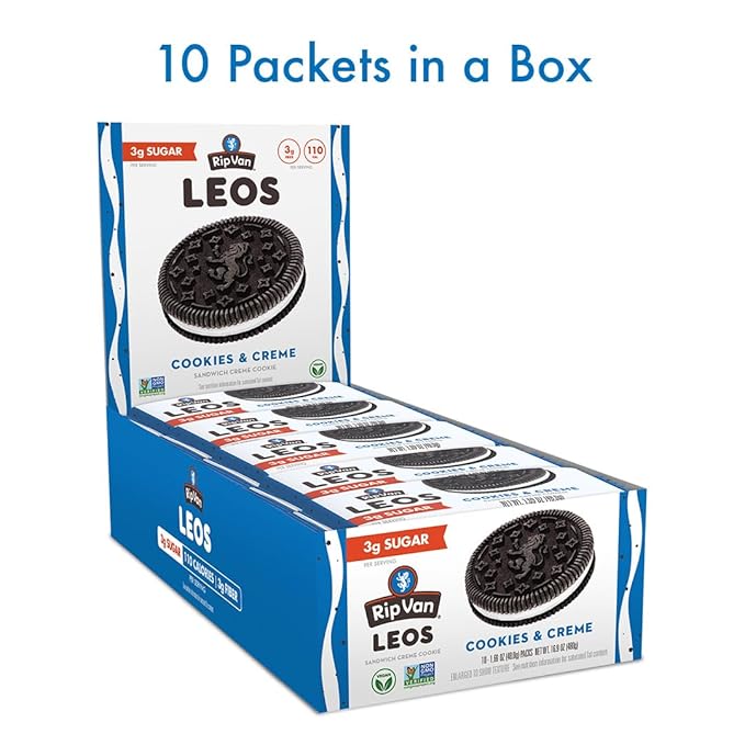 Rip Van LEOs - Cookies and Cream Sandwich Cookies - Low Sugar Snack Cookies - Low Carb Snack - Diabetic Snacks - 40 Low Sugar Cookies (10 Packs of 1.69oz)