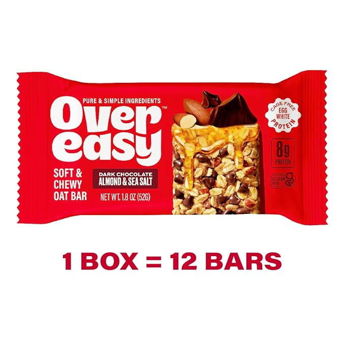 OVER EASY Dark Chocolate Almond Sea Salt Oatmeal Breakfast Bars - Granola and Protein Bars -12 Energy Snack Bars - Clean, Organic, Gluten Free, Dairy Free, Soy Free and Kosher