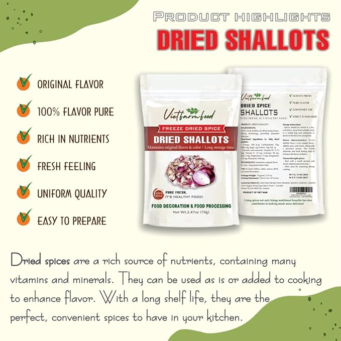 DRIED SHALLOTS (PURPLE ONION) 2.47 Oz (70g) VIETFARMFOOD: Pure, natural freeze-dried spice made from real vegetables - perfect for enhancing every meal, from cooking, baking, salads, soups, sauces
