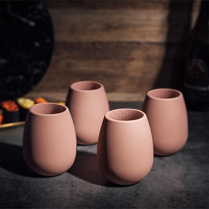 Unbreakable Silicone Stemless Wine Glassware | Set of 4 | Reusable & Shatterproof Tumbler Drinkware for Wine, Water, Cocktails, Champagne Glass for Birthday, Parties, Beaches - (Pink)