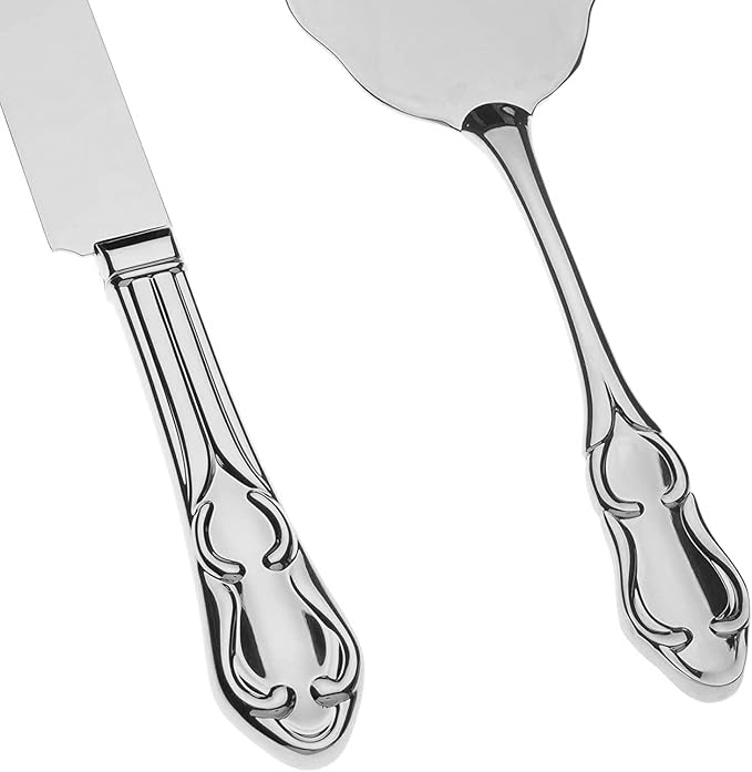 Ella Celebration Cake Knife & Server Set, Silver Wedding Cake Cutting Set, Anniversary Cake Cutter, Vintage Party Supplies (Silver Engravable)