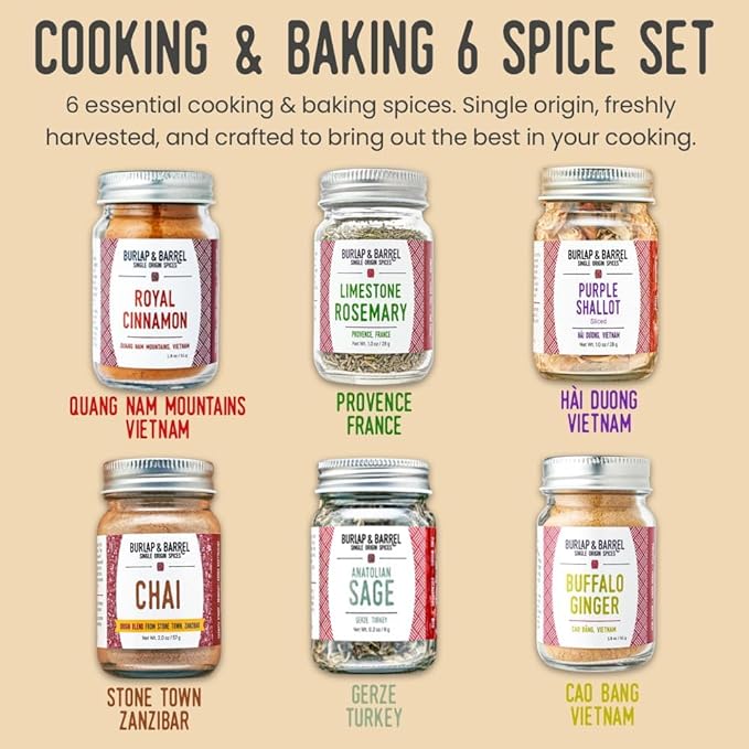 Burlap & Barrel Cooking & Baking 6-Pack Gift Set ??As Seen on Shark Tank! Gourmet Spices for Home Chefs ??Includes Cinnamon, Rosemary & More ??6 Full-Size Jars