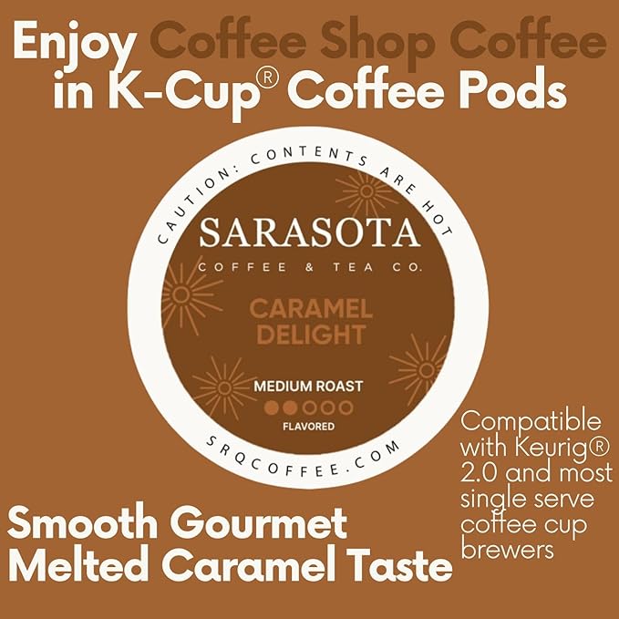 Sarasota K-Cup Coffee Pods | Medium Roast Flavored Coffee | Salted Caramel Cream | Single Serve for Keurig Brewers | Gourmet, Low Acid, Mold Free | 24 Count