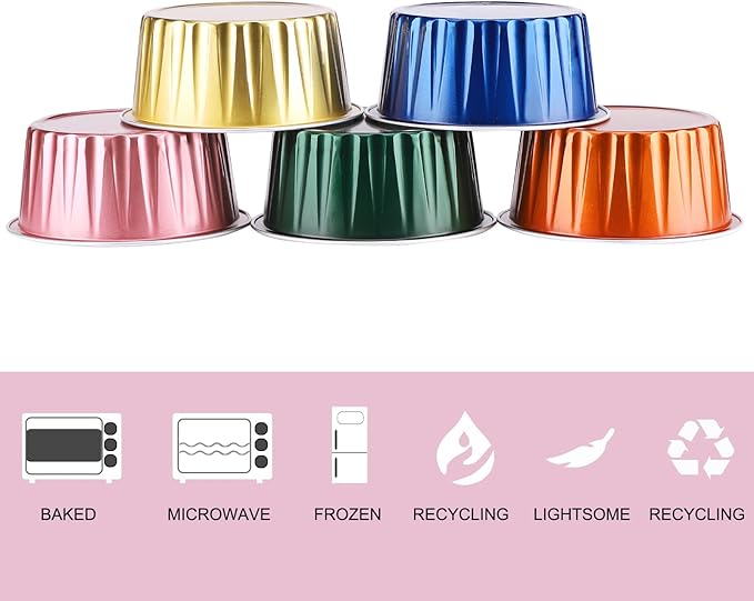 EUSOAR Disposable Ramekins with Lids, 5oz 100pcs Muffin Liners Cups with Lids, Creme Brulee Foil Ramekins, Aluminum Foil Cupcake Baking Cups, for Party Favor Birthday 5 Colors Mixed