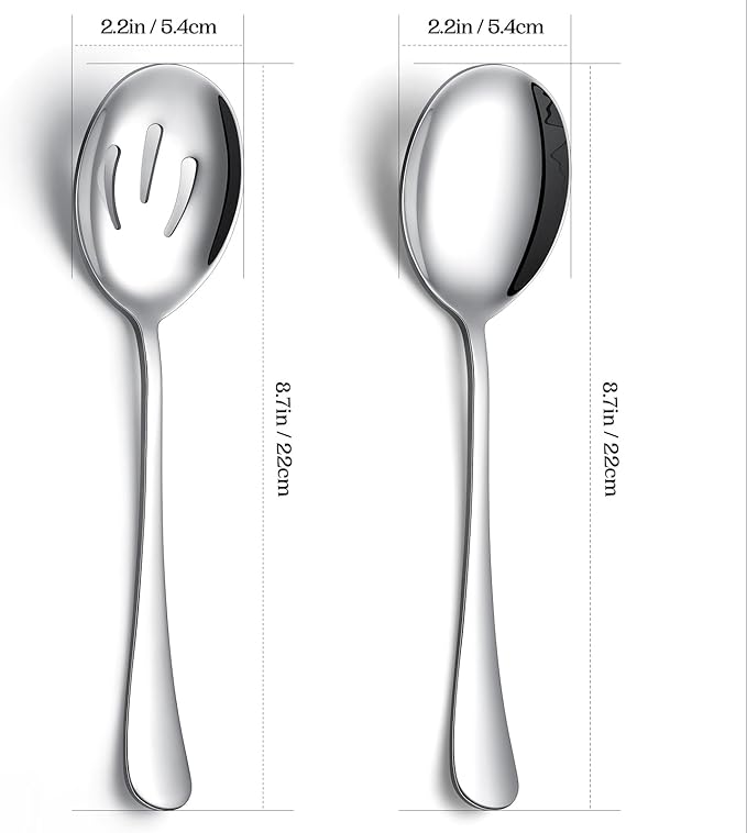 4-Piece Serving Spoons Set - Includes 2 Serving Spoons and 2 Slotted Spoons, Large Cutlery for Catering Buffet, Mirror Polished, Dishwasher Safe, 8.7 Inches