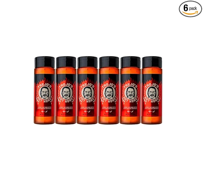 Trejo's Tacos Hot Honey | Sweet and Spicy Honey Hot Sauce | Infused with Chili Pepper Extract | Great for Topping or Dipping Sauce for Oatmeal, Ice-Cream, Fried Chicken & Bbq - Pure and Gluten Free | Authentic Creation by Trejo's Tacos - Pack of 6