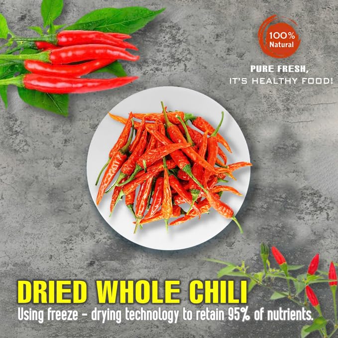 DRIED WHOLE CHILI 2.47 Oz (70g) VIETFARMFOOD: Pure, natural freeze-dried spice made from real vegetables and fruits - perfect for enhancing every meal, from cooking, baking, salads, soups, sauces