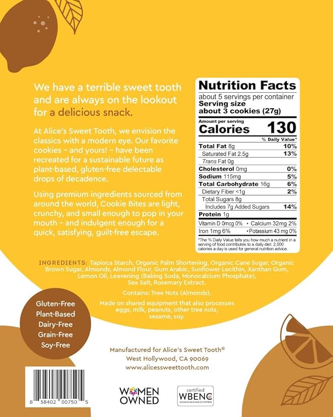 Alice's Sweet Tooth Lemon Almond Cookie Bites - Gluten-Free, Vegan, Crunchy Mini-Cookies - Plant-Based, Dairy-Free, Grain-Free, Soy-Free, Kosher ??5.0 ounces