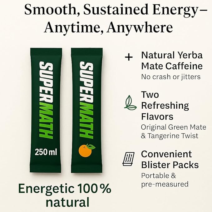 SuperMathe Yerba Mate Powder ??4-Pack (7 Blisters Each, 28 Total) ??Single-Serve Blister Packs ??Natural & Tangerine Flavors