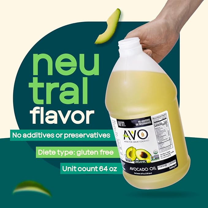 AVO ORGANIC AVOCADO Oil Frying, Baking, Non-stick Saut챕ing, Salads, Vinaigrette, Marinades, Pan Coating, General Cooking 64 Fl-oz (Half a Gallon), NO preservatives added, Naturally Processed