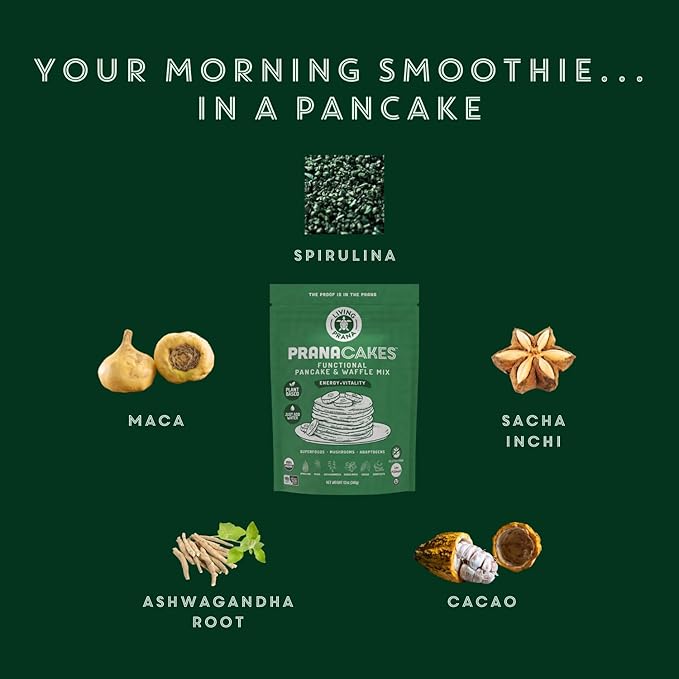PranaCakes Superfood Organic Pancake & Waffle Mix Gluten Free | Energy, Vitality & Mood Balancing | Plant-based Protein | Just-Add-Water | By LIVING PRANA | 12oz