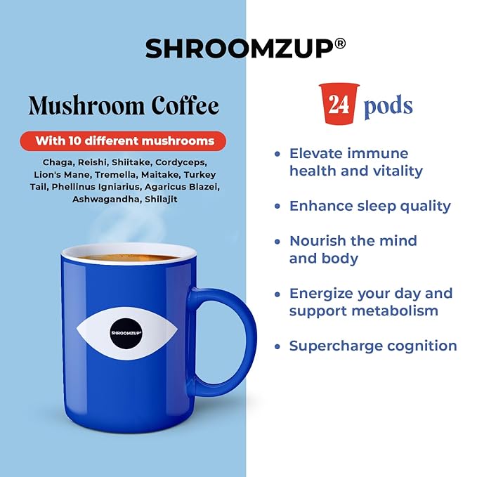Shroomzup Mushroom Coffee K Cups 24 Pods - 10 Mushroom Coffee with Ashwagandha and Shilajit - Dark Roast Single Serve K-Cup Pods