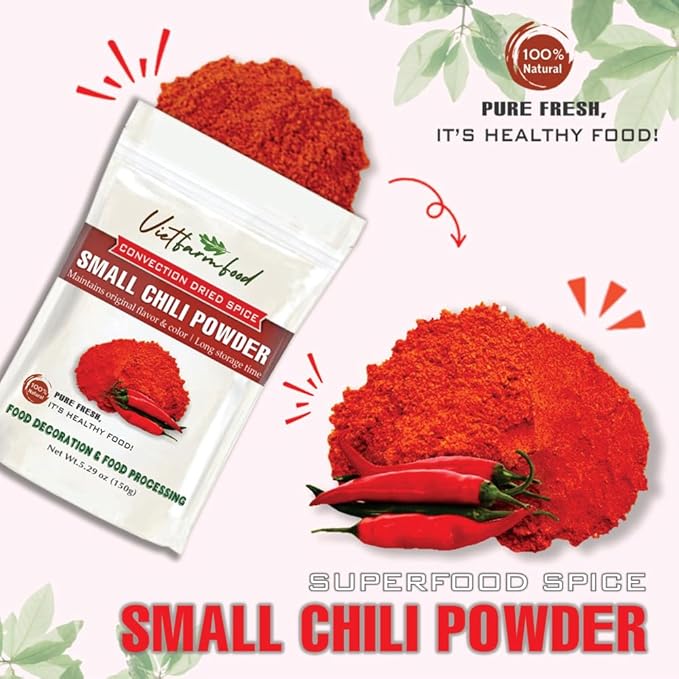 SMALL CHILI POWDER 5.29 Oz (150g) VIETFARMFOOD: Natural pure, convection dried seasoning made from real vegetables - perfect for adding flavor to any meal, from cooking, baking, salads, soups, sauces
