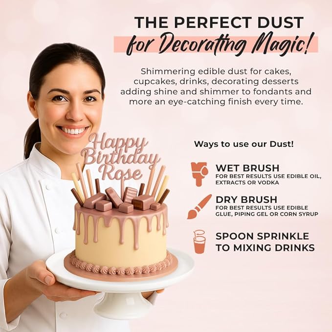 Bulk (20g) Rose Gold Luster Dust Edible Glitter for Cocktails | Premium Edible Rose Gold Luster Dust for Cake Decorations - Pink Edible Glitter for Drinks Cupcakes Cookies Cakes Food Paint