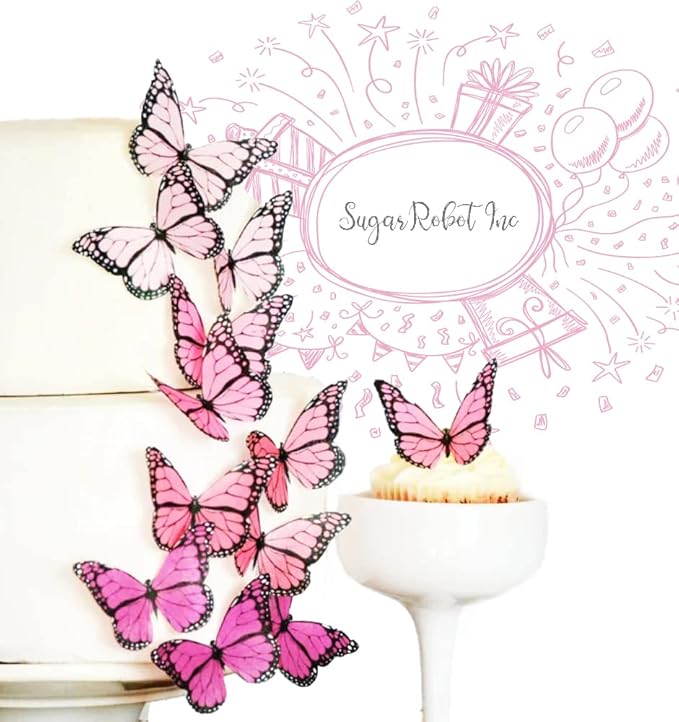 Sugar Robot Edible Butterflies for Cake Decorating- Ombre Monarch Butterfly- Cake Toppers and Cupcake Toppers - Decoration Made in the USA - Premium Crafted (Pink)