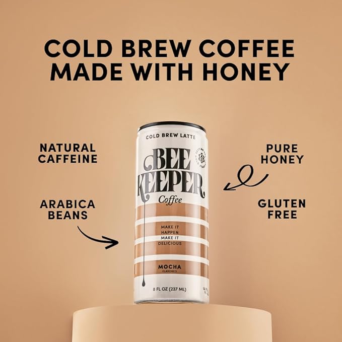 Beekeeper Coffee Cold Brew with Oregon Honey, Mixed Variety Pack, 8 fl oz Cans (Pack of 12), Ready-to-Drink Black, Caramel, Mocha & Vanilla Lattes