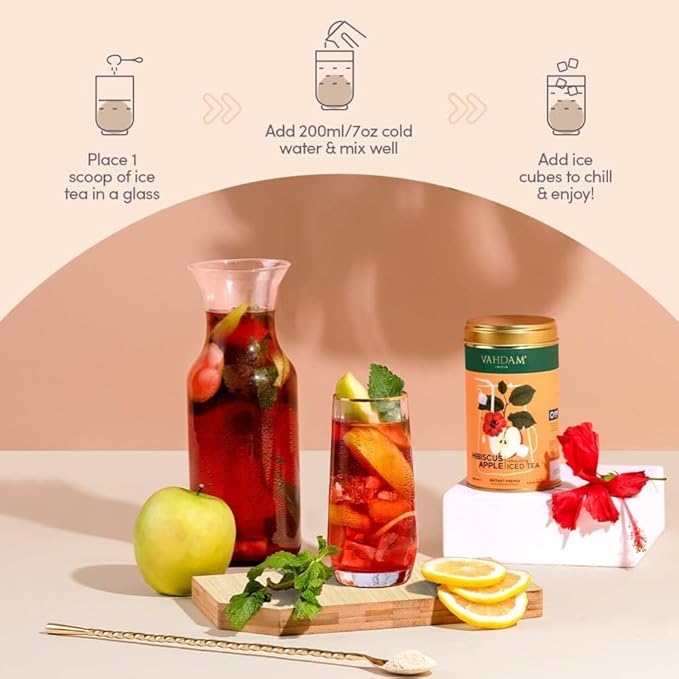 Hibiscus Apple Iced Tea Instant Premix (60 Servings/12 Quarts) Lightly Sweetened Iced Tea | Tarty Hibiscus & Sweet Apple | Best for Mocktails & Cocktails | Packed in Tin Caddy, 150g/5.29oz | VAHDAM
