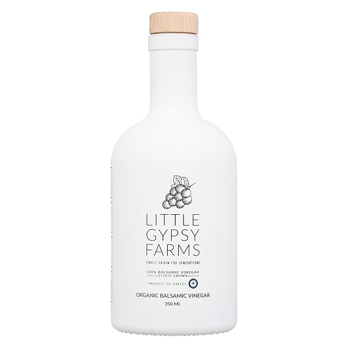 Organic Balsamic Vinegar from Little Gypsy Farms | First Cold-Pressed and Oak Barrel Aged | Notes of Fig with Strawberry Finish | Single Family Farms in Greece (350ml)