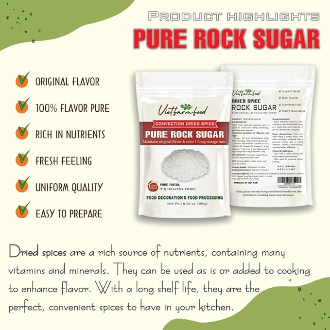 PURE ROCK SUGAR 10.58 Oz (300g) VIETFARMFOOD: Natural pure, convection dried seasoning made from real fruits - perfect for adding flavor to any meal, from cooking, baking, salads, soups, sauces