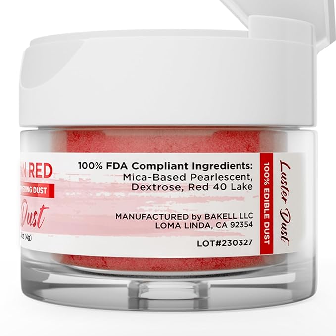 Luster Dust - American Red (4g 1x Jar) | Edible Vegan Dust & Paint for Cake Decorating, Ice Cream, Desserts, Cocktails and Beverages by Bakell