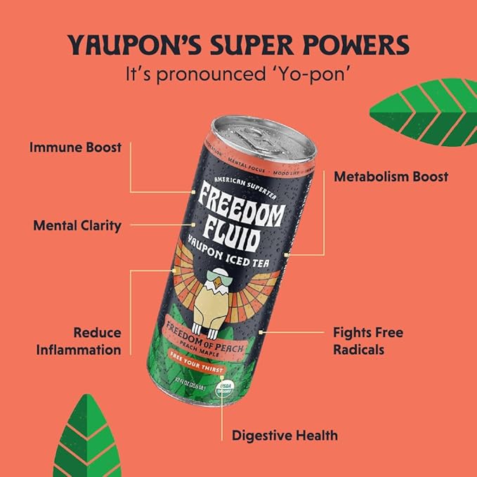 Freedom Fluid Organic Yaupon Iced Tea – Refreshing Peach | Herbal Tea Drink | Lightly Sweetened, Low Sugar, Low Calories, Real Brewed Tea, Clean Ingredients, Antioxidant Rich, Natural Caffeine, 12 Pack (12 oz cans)