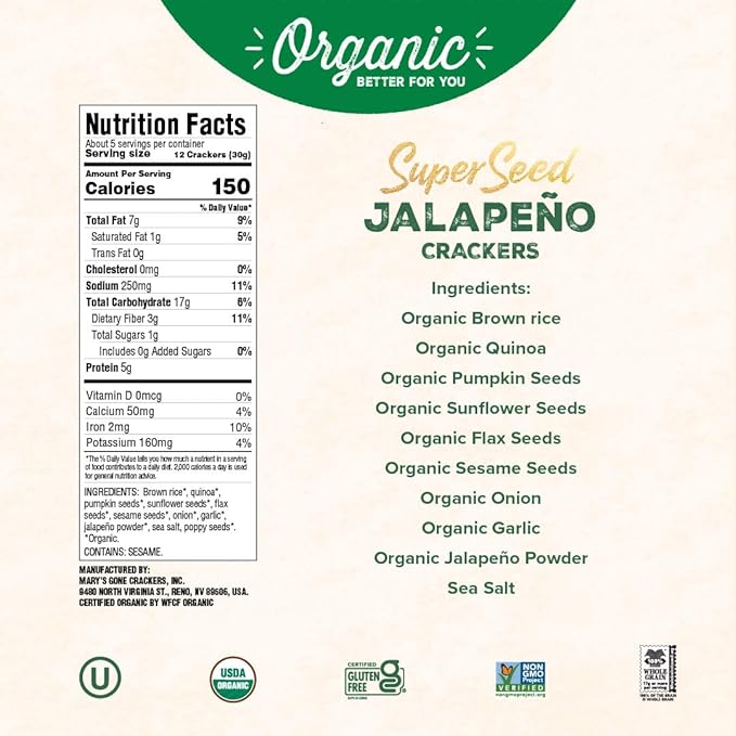 Mary's Gone Crackers Super Seed Jalapeno Crackers, Vegan Friendly, Kosher, USDA Certified Organic, Gluten Free & Non-GMO, 5.50 Ounce (Pack of 6)