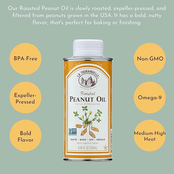 La Tourangelle, Roasted Peanut Oil, Slow Roasted Expeller-Pressed for Rich Flavor, Perfect for Cooking & Baking, Med-High Heat, Unrefined, Small Batch Production in USA, 16.9 fl oz (Pack of 2)